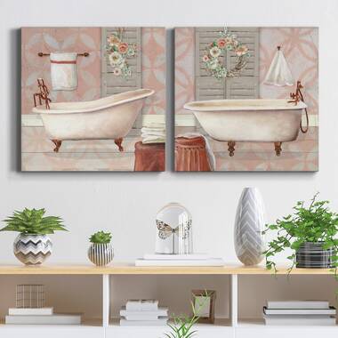 Bathtub Canvas Prints Vintage French Style Shabby Victorian , Watercolor  Floral Bathroom Wall Art Painting Pictures Decoration 