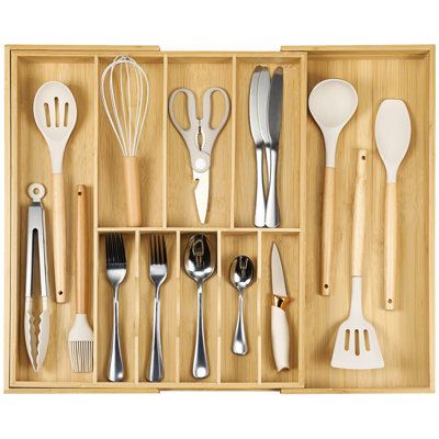 Silverware Organizer For Cabinet Drawer, Expandable From 16.7'' To 30'' Wide Bamboo Wood Flatware Tray For Large Kitchen Drawers, Cutlery Utensil Holder