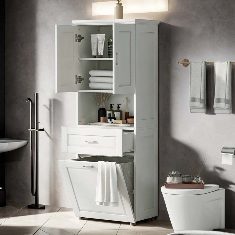 Tall Bathroom Cabinet With Laundry Basket, Large Storage Space Tilt-Out Laundry Hamper And Upper Storage Cabinet, White