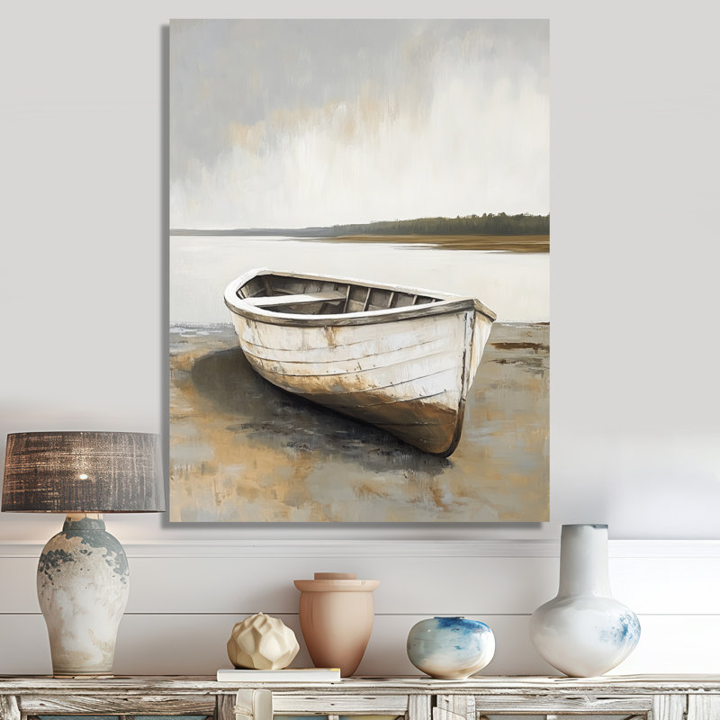 Barque à rames patinée par le temps - Tableau mural gris côtier, H 32 po x l 16 po, Toile tendue