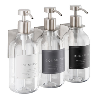 Distributeur de shampooing et revitalisant - Distributeur de savon de douche mural - Ensemble de 3 bouteilles en plastique de 16,9 oz avec pompe et support - Distributeur de shampooing - Chambre de douche sans perceuse (3 x transparent / argent)
