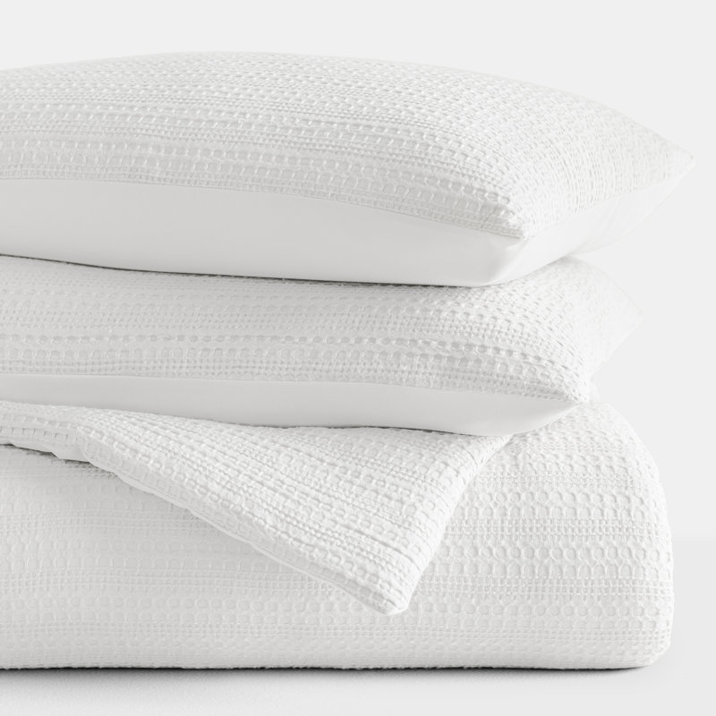 Waffle Textured 3-PC Comforter Set All Season Down-Alternative Ultra Soft Bedding, White, Full / Queen