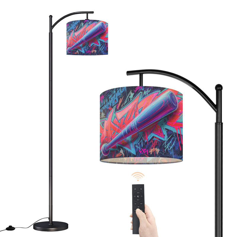 Arc Floor Lamp with Adjustable Lampshade Vibrant Neon Graffiti Baseball Bat Urban Standing Lamp 3 Color Temperatures Dimmable Tall Pole Lamp with Foot Switch for Bedroom