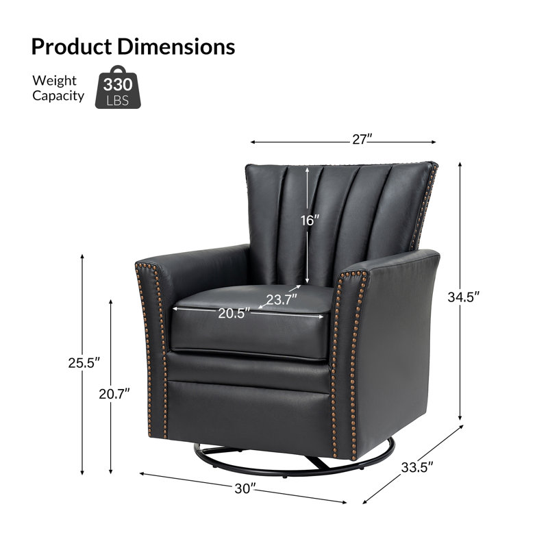 Heilig Genuine Leather Swivel Rocker Armchair, Black Genuine Leather