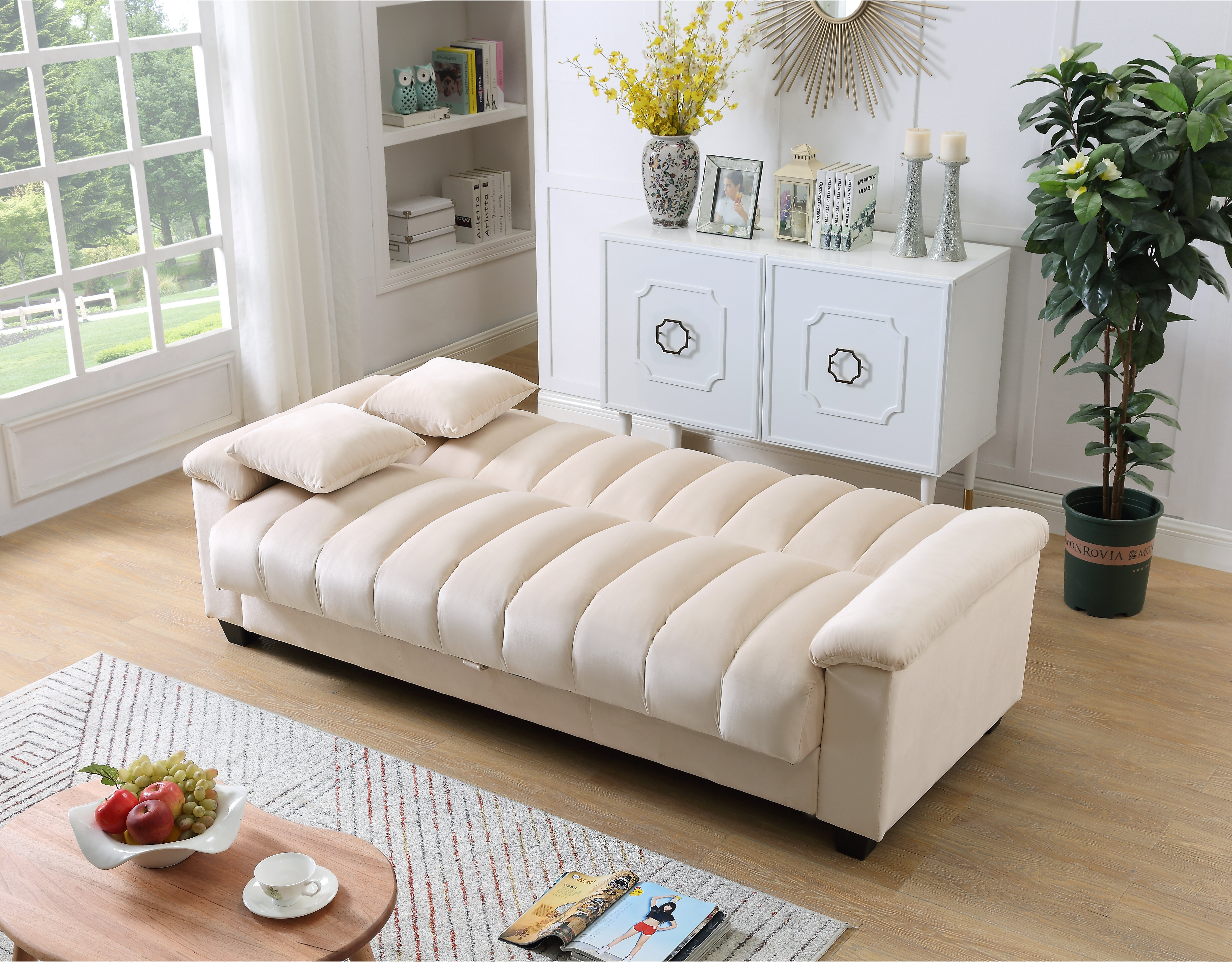 82.7 Convertible Bed Full Sleeper Sofa Leath-aire Upholstered Storage with  Speaker