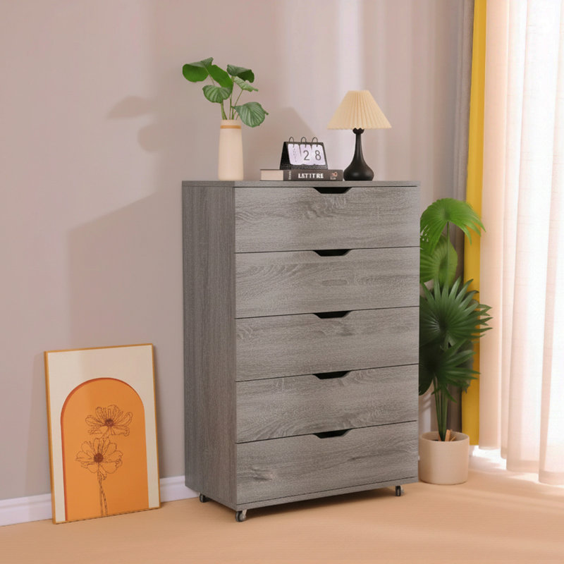 Commode de rangement grise à 5 tiroirs avec roulettes - Armoire de rangement moderne, Gris