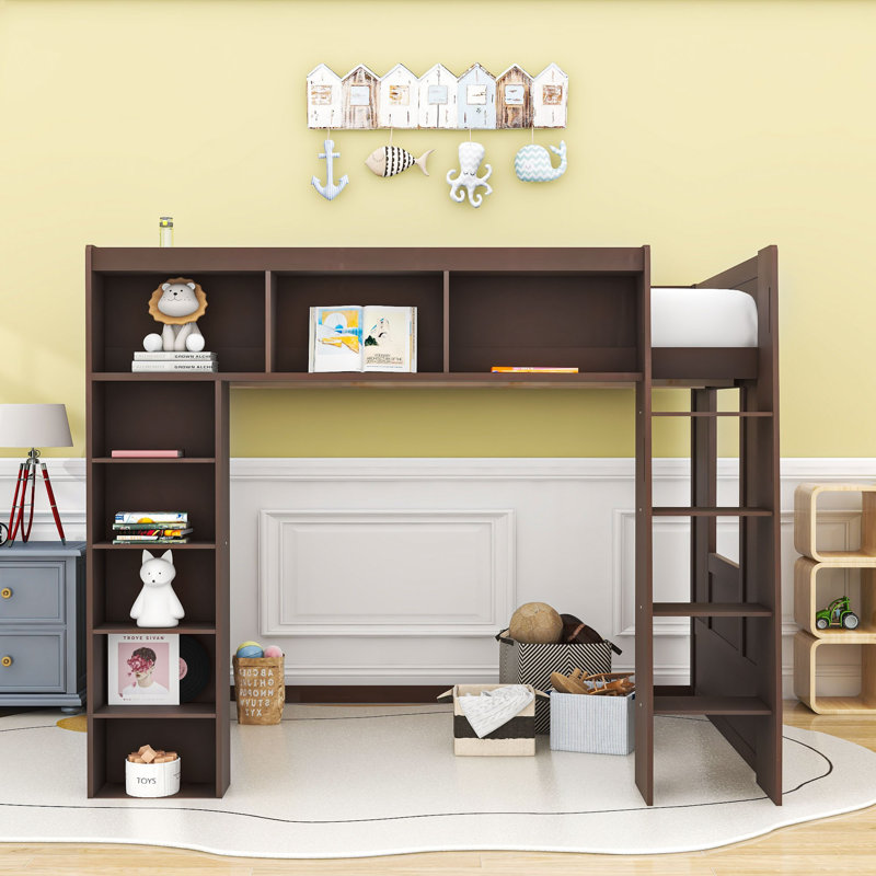 Queen Size Wood Loft Bed With Storage Shelves And Ladder, Brown