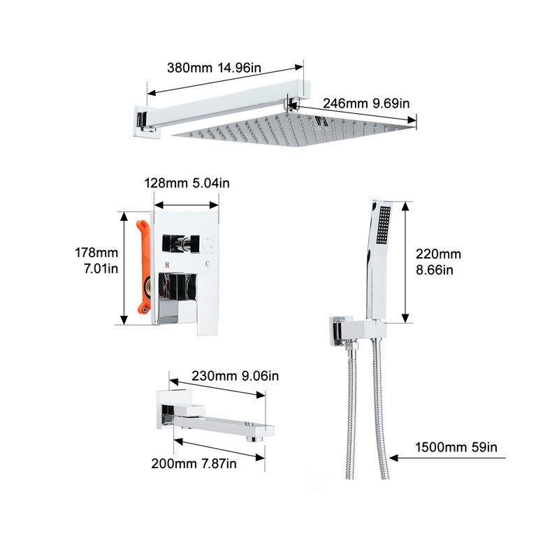 Shower System With 10 Inch Rain Head, Wall Mounted Handheld And Down , 2 - Spray Bathroom Fixture Faucet Handle, Silver