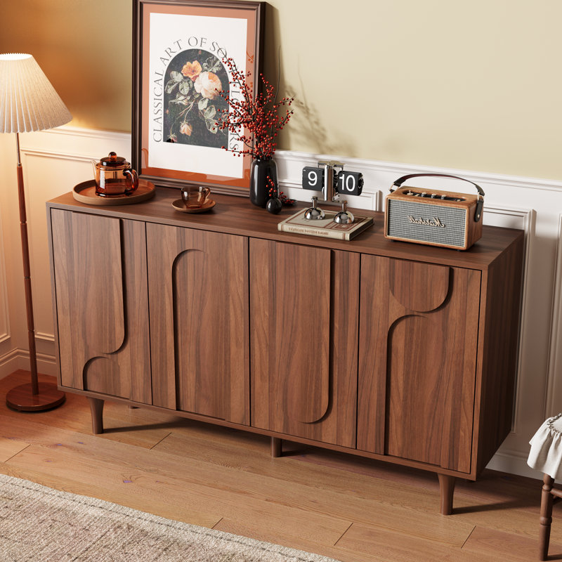 63" Wide Sideboard With Solid Wood Legs, Arched Doors And Adjustable Shelves, Mid-century Modern Accent Cabinet, Wood Tv Stand
