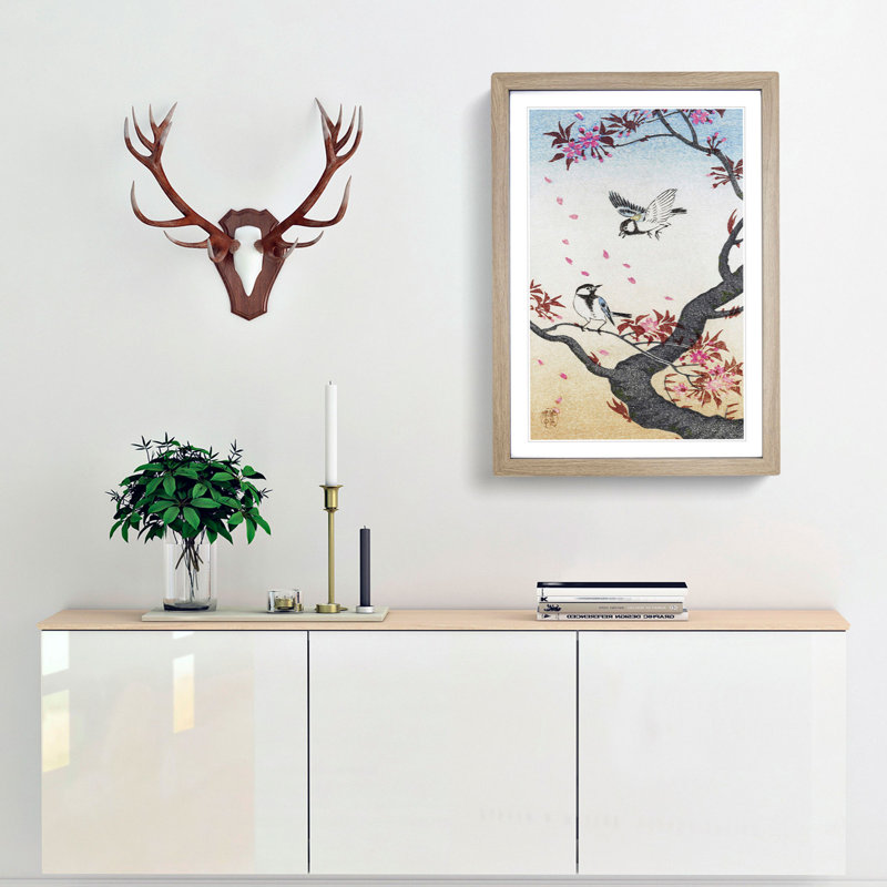 Two Great Tits on Blossom Tree by Ohara Koson - Framed Print, Oak Framed, 36cm H x 27cm W x 2cm D