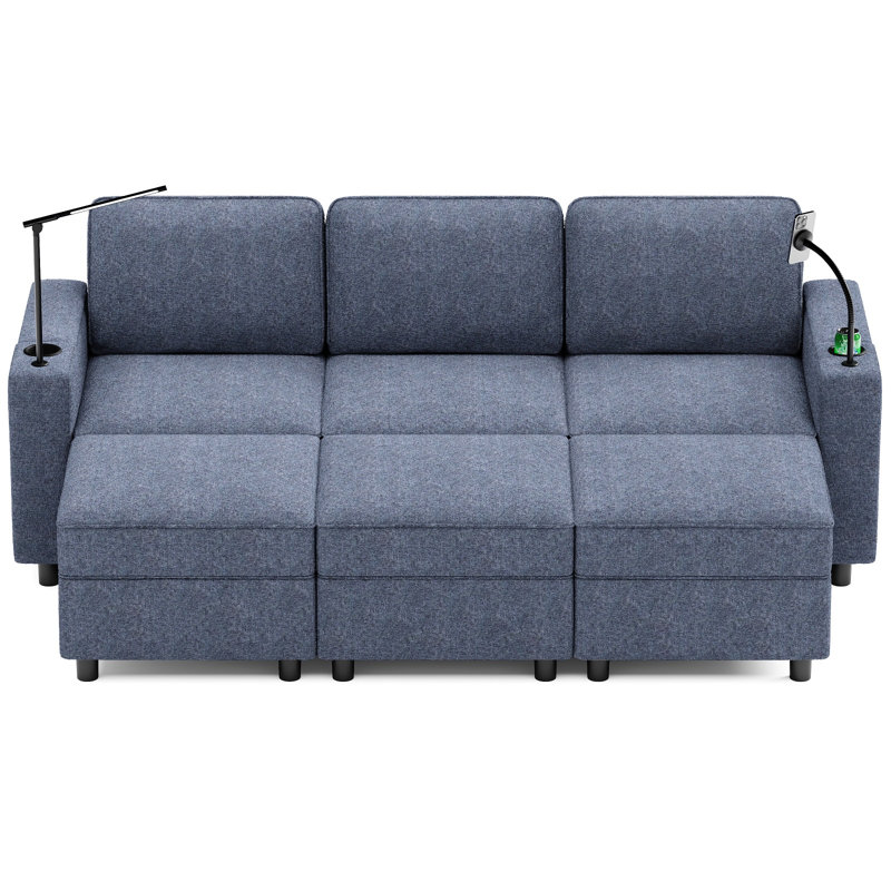 7 pièces - Canapé modulaire en forme de lit avec rangement et 3 repose-pieds pour le salon, Mélange de polyester bleu marine