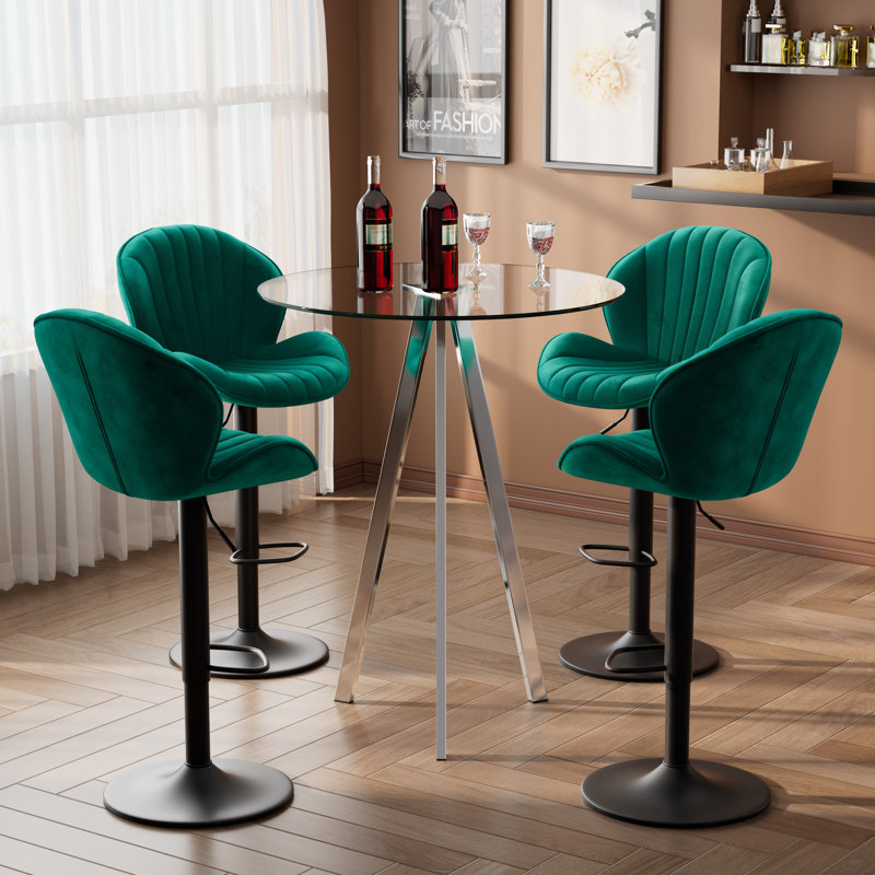 Table de pub ronde et 2 à 4 tabourets de bar réglables à 360 °, 5 pièces: table, 4 chaises, Vert, Argent argent