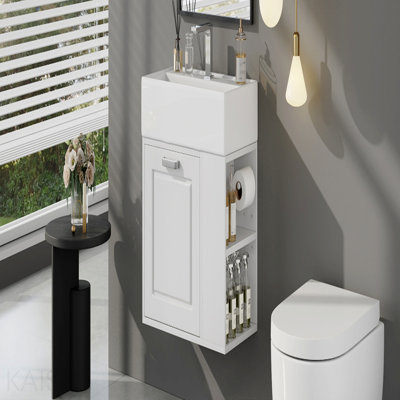 21.8 Inch Bathroom Vanity With Sink, Wall Mounted Floating Cabinet, One Big Drawer, Adjustable Shelf, Toilet Paper Holder, Soft-Close System, White