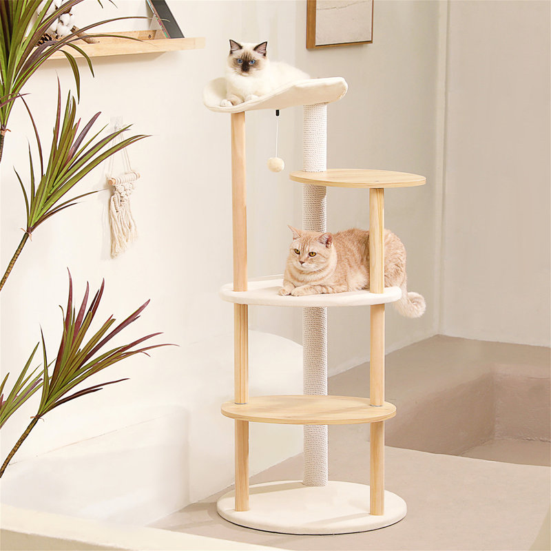 Tour à chat en bois pour chats d'intérieur, maisonnette grimpante à 5 niveaux avec poteaux à griffer en sisal beige