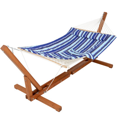Hamac en corde avec support de hamac en bois réglable de 12 à 14 pieds et coussin amovible