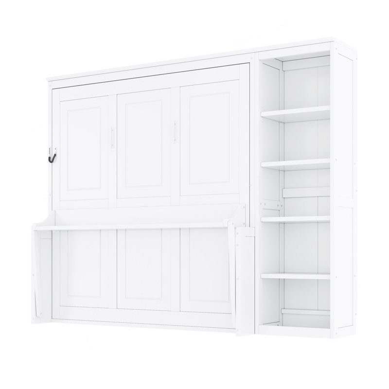 Grand lit escamotable avec bureau et bibliothèque, Blanc, Grand lit