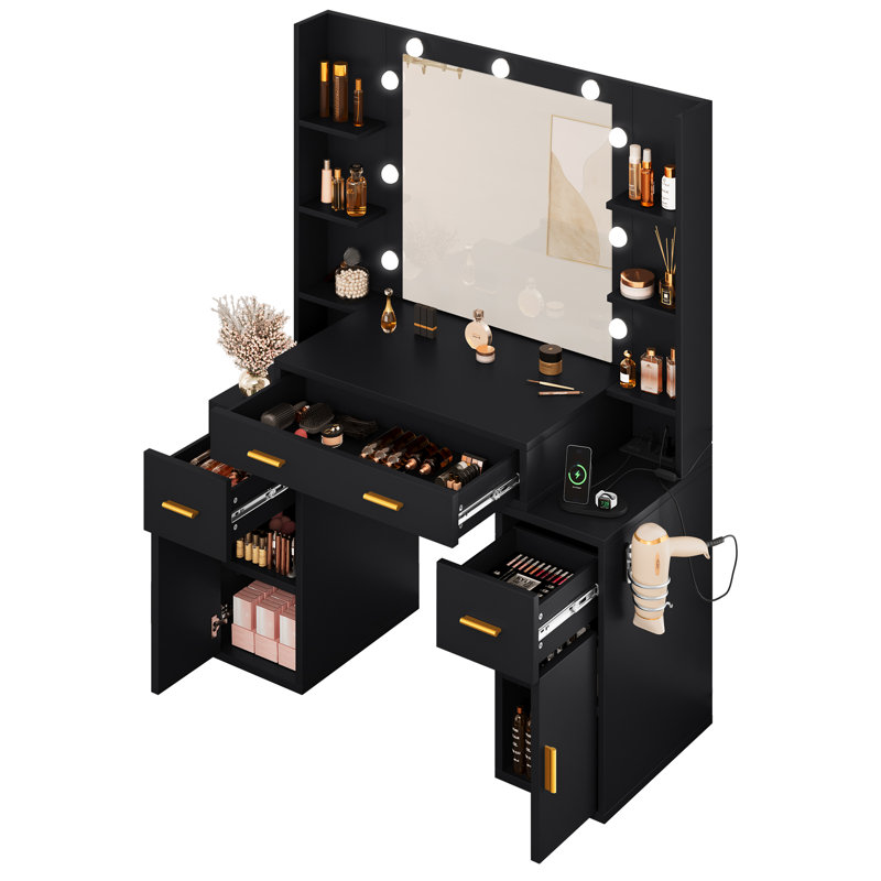 Vanity With Built-In Outlets And Lighted Mirror, Black