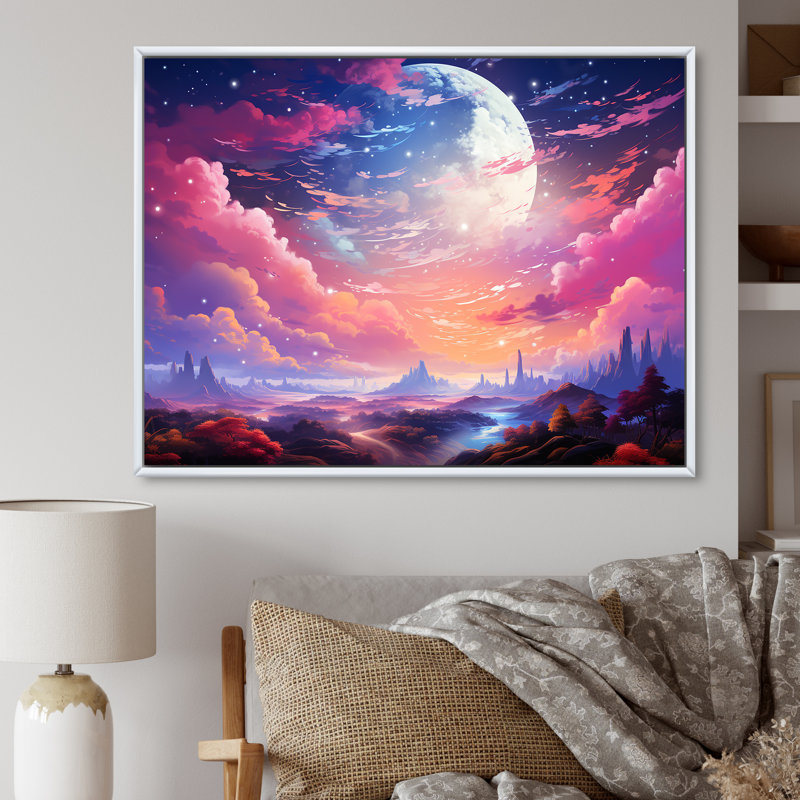 «Pink Full Moon over Magical Mountain Landscape», reproduction sur toile, Cadre flottant blanc, 16" H x 32" W