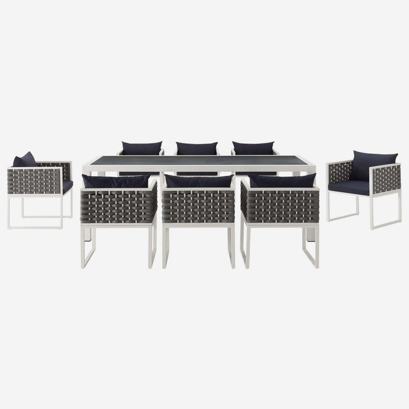 Modway Stance Outdoor Patio Woven Rope 9-Piece Dining Furniture Set, Navy