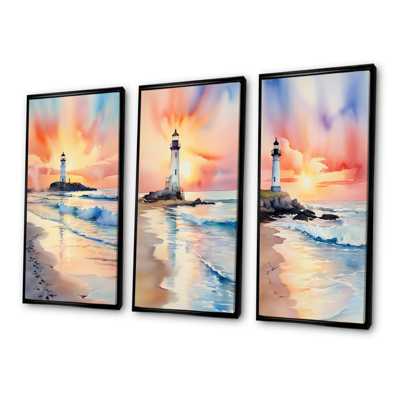 Plage, phare, coucher de soleil I - ensemble de 3 reproductions sur toile Coastal Beach, Cadre flottant noir