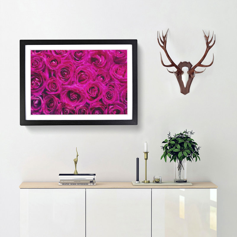 Wall of Bright Pink Roses - Picture Frame Painting Print, Black Framed, 33cm H x 45cm W x 2cm D