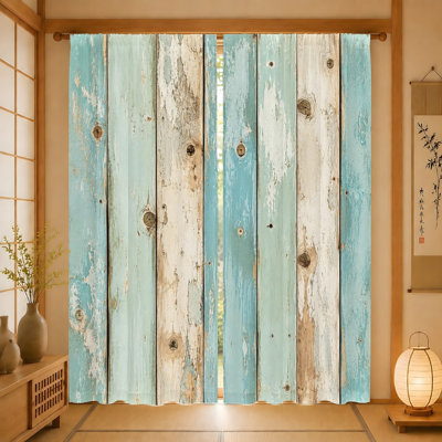 2Pcs Shabby Chic Wood Plank Curtains, Light Filtering Fabric, Vintage Coastal Aesthetic, Sunshade and Privacy Protection for Living Room, Bedroom, Balcony, Kitchen Home Decor