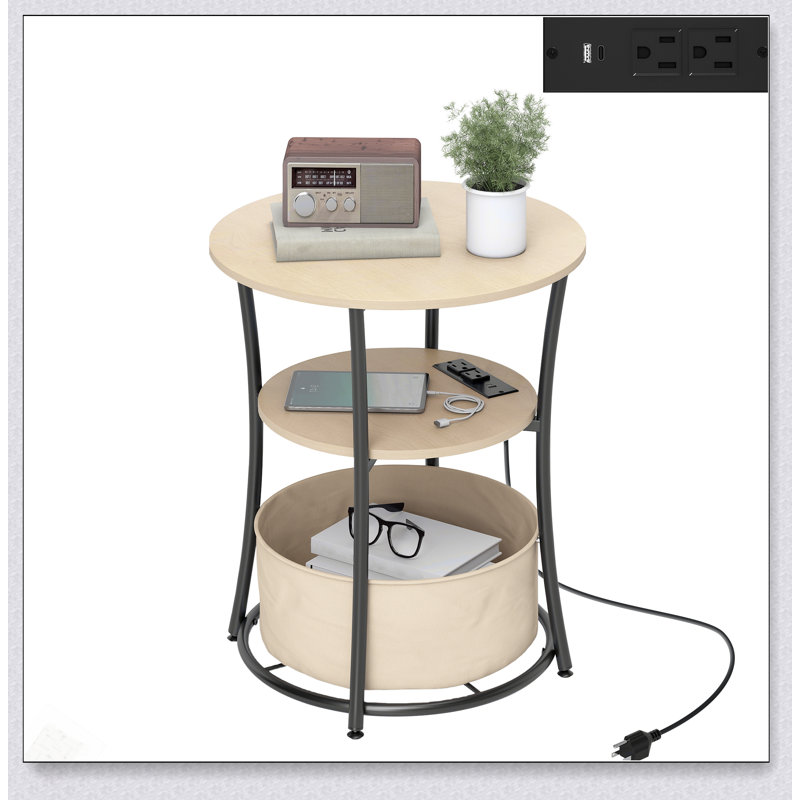 Table basse Table d'appoint ronde avec station de charge, table de bout à 3 niveaux avec sac de rangement en tissu et tablette