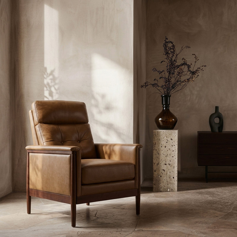 Outen Mid-Century Modern Genuine Leather Armchair with Solid Wood Armrests, Brown