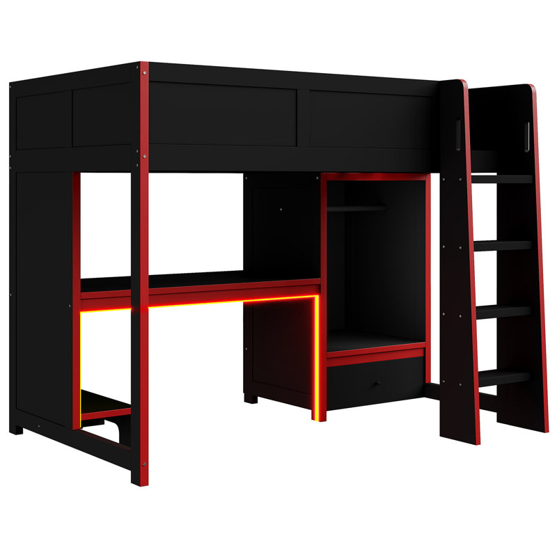 Lit mezzanine simple en bois avec bureau intégré, garde-robe, lampe à DEL et tiroir - Taille élégante intégrée, idéale pour économiser de l'espace