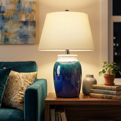 25in Modern Ceramic Table Lamp, Blue and Green Drip Glaze Bedside Nightstand Lamp for Living Room