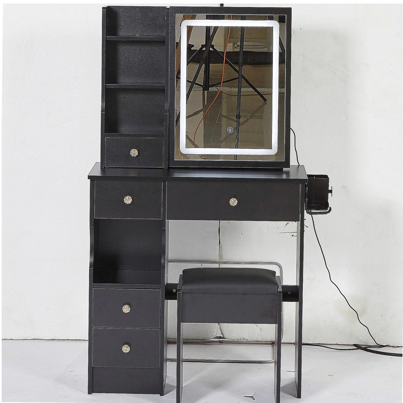 Petit meuble-lavabo de 29,2 po avec tiroir à gauche + tabouret rembourré, 2 blocs d'alimentation CA + 2 ports USB, support pour séchoir à cheveux, très grand miroir à DEL coulissant à commande tactile, changement de luminosité tricolore, réglage de la luminosité