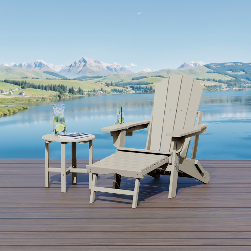 Chaise Adirondack d'extérieur réglable et pliante avec repose-pieds dissimulé et table d'appoint ronde, Sable