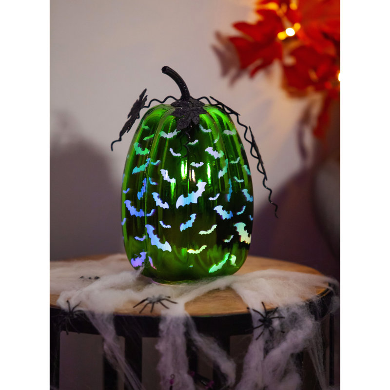 Verre mercurisé vert avec citrouille et chauves-souris