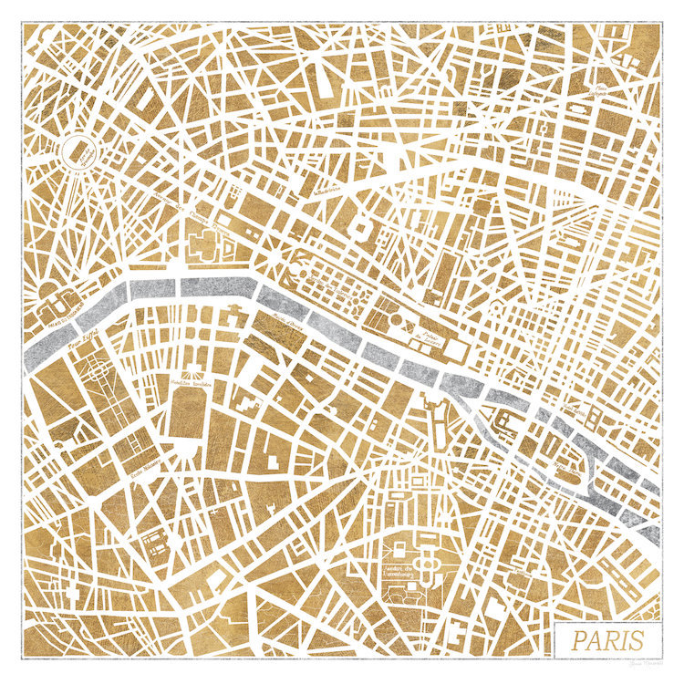 «Gilded Paris Map» par Laura Marshall, reproduction sur toile tendue sur châssis, H 12 po x l 12 po x P 0,75 po