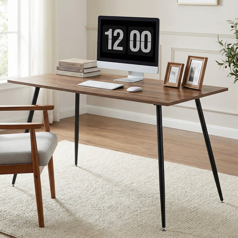 51.18" Brown Wood Grain Office Desk With Black Metal Legs Writing Desk For Home Office