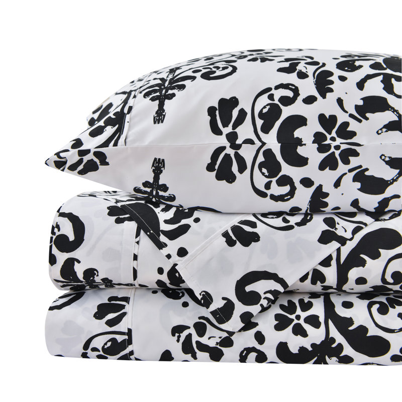 Queen Black and White Damask Microfiber Sheet Set