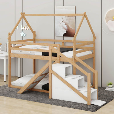 Aarabella Twin over Twin House Loft or Bunk Bed with Slide and Staircase -  Harper Orchard, 4D42952AA6E145F29119021C64DC30A9