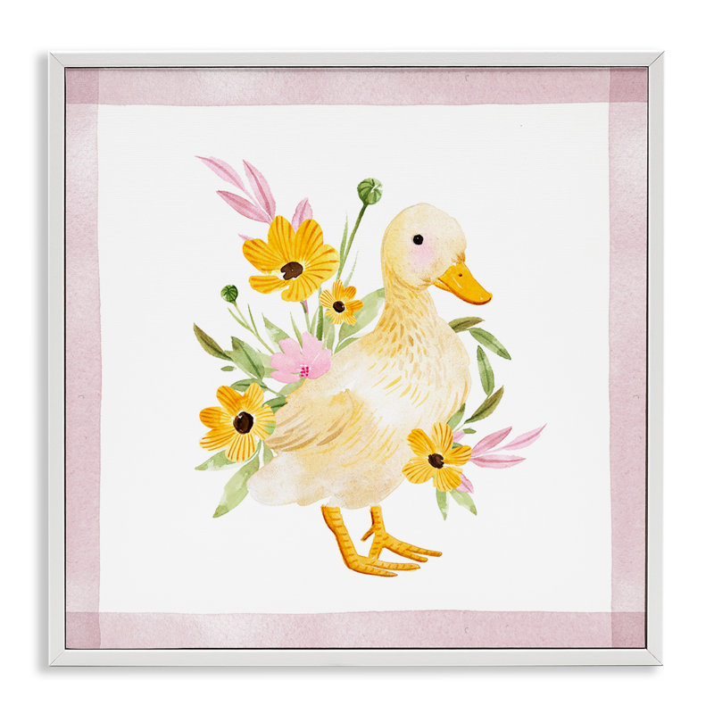 «Duck & Yellow Daisies», estampe numérique par Enya Todd, Giclée encadrée blanc bord de mer, H 17 po x l 17 po