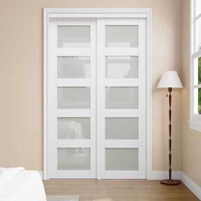 48"x 80" White Prime 5-Lite Frosted Glass Sliding Door with Hardware Kit for Closet and Easy to Assemble Can be changed in color For Pantry,Living room
