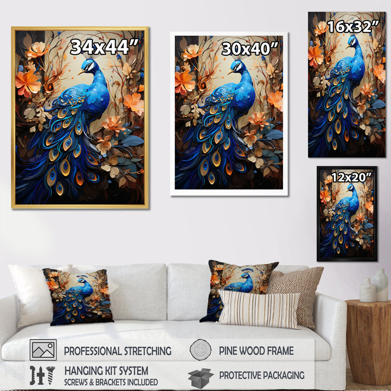 «Majestic Blooming Plumage Peacock», reproduction sur toile, Cadre flottant naturel, H 32 po x l 16 po x P 1 po