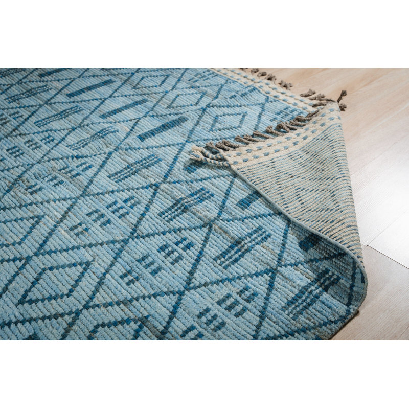 Tapis bleu moderne en laine noué à la main, 9 pi x 12 pi