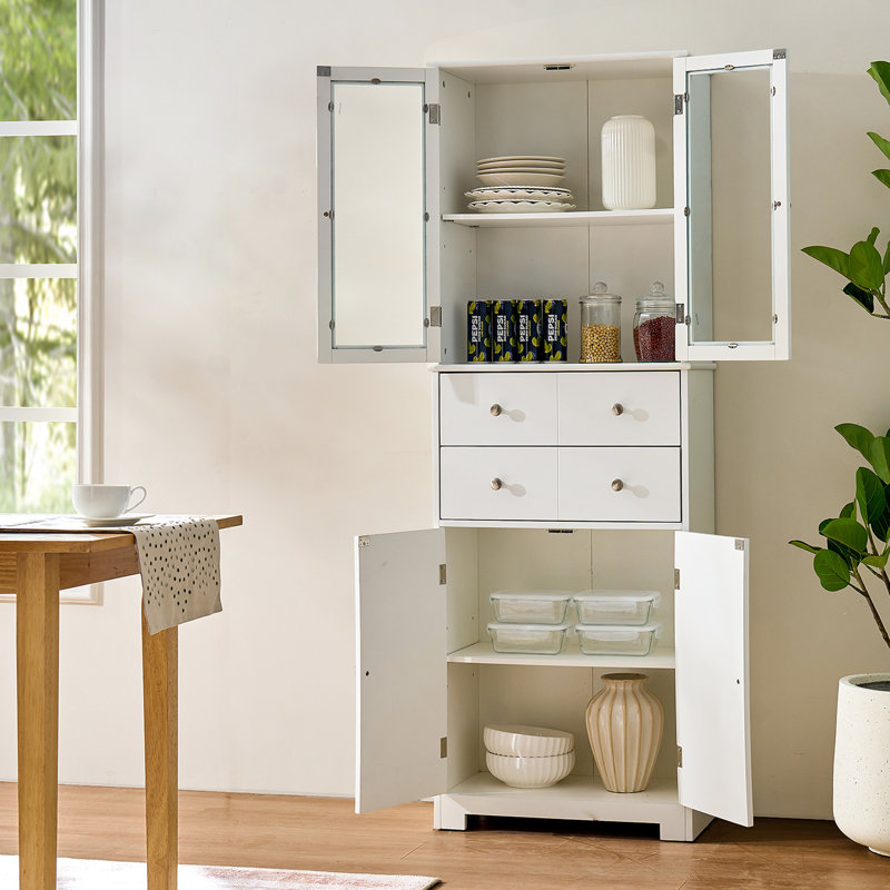 White Multipurpose Pantry With Shelves And Glass Doors - 11.8" Wide, 23.6" Deep, 67" High, For Various Storage Purposes 67 Inch Tall Cabinet Kitchen Bathroom Featuring Two Doors, Drawers, Adjustable