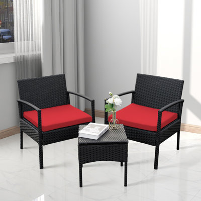 Adaleine 2-Person Patio Bistro Rattan Chair & Table Set with Cushions