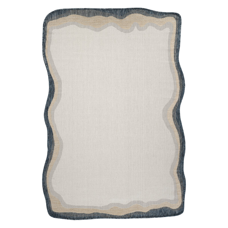 Abani Rugs MAR100A Marlene Shaped Wavy Border Blue Beige Indoor/Outdoor Area Rug, Oval 5'3" x 7'6"