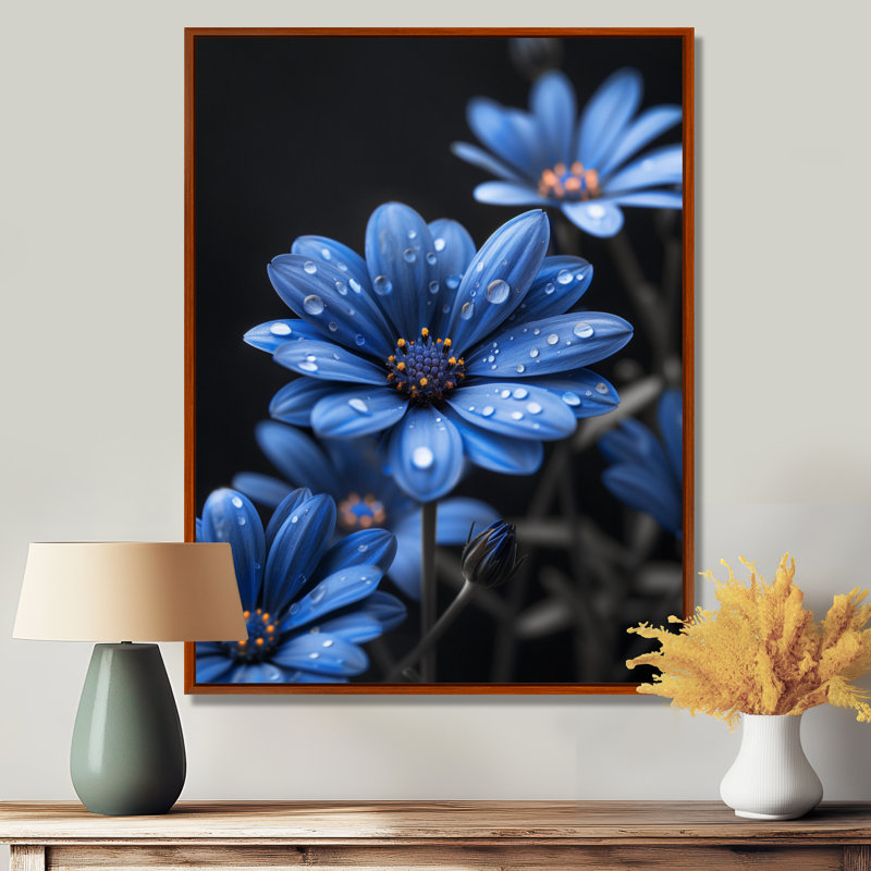 Monochromes bleus noirs, gouttes de pluie, fleurs II - marguerites, art mural, Cadre flottant brun, H 12 po x l 20 po