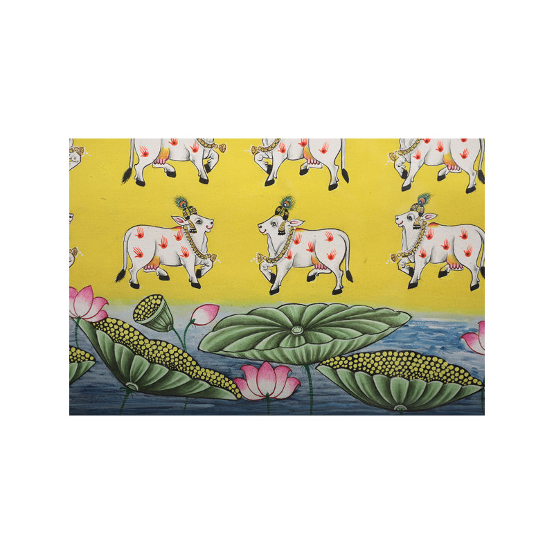 Magnifique Kamal Talai avec des vaches - peinture Pichwai | Avec cadre | Couleur naturelle sur soie de coton