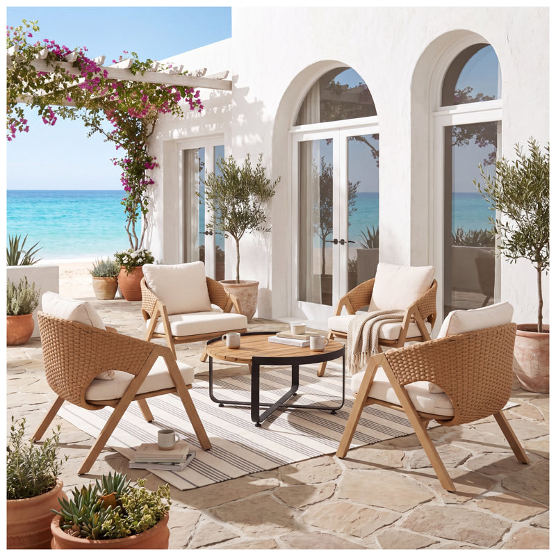 Ensemble de conversation pour patio 4 personnes avec coussins, mobilier d'extérieur à structure en teck