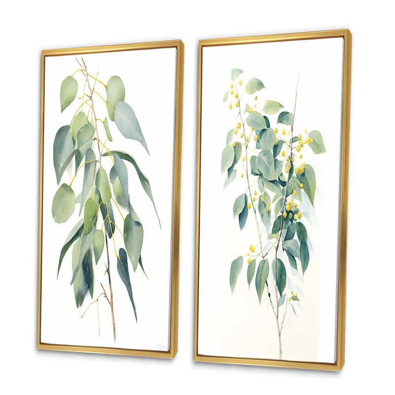 "Minimalisme eucalyptus", 2 pièces sur toile, Encadrement doré, H 32 po x l 32 po