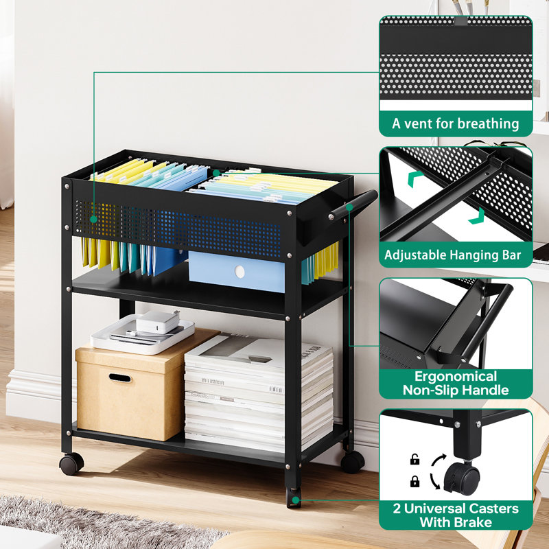 Black Steel Mobile File Cart with Shelves and Hanging Rod