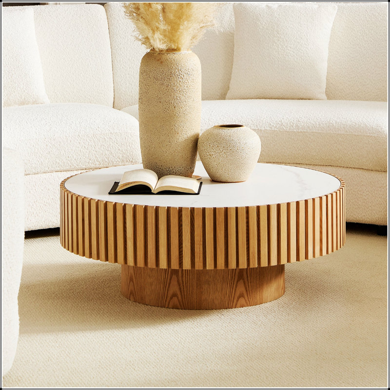 Table basse cylindrique moderne de 35,43 po avec plateau de table en pierre frittée moderne, luxueuse et durable pour les appartements contemporains